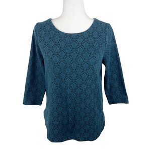 Ann Taylor LOFT Blouse Women Medium Black Blue Embroidered Quarter Sleeve Casual